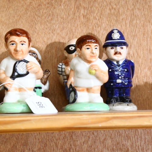 955 - A set of 6 novelty porcelain cruet figures, including burgalar and policeman, tennis players etc, ta... 