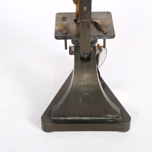 957 - A 19th century desk microscope, by R & J Beck of London, with triangular base, serial no. 19393, hei... 