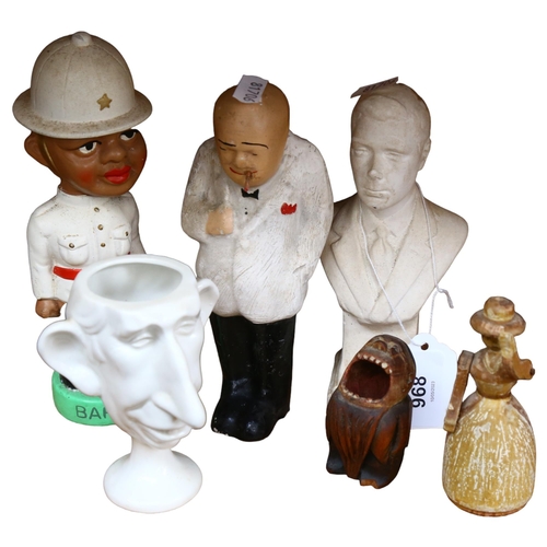 968 - Plaster Winston Churchill, 16.5cm, Bahamas Policeman, 2 carved wood figures etc