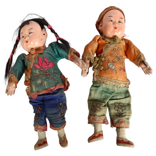 869 - 2 Vintage Chinese dolls, papier mache heads, in traditional costume, tallest 19cm