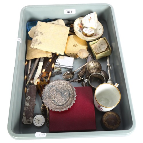 870 - A tray of various items, including a set of 6 silver cocktail sticks, Continental cup and saucer, pl... 