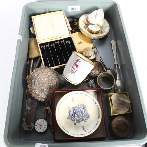 870 - A tray of various items, including a set of 6 silver cocktail sticks, Continental cup and saucer, pl... 