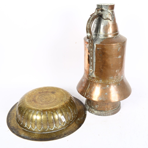 1008 - Oriental engraved brass bowl, and an Eastern copper jug, height 43cm