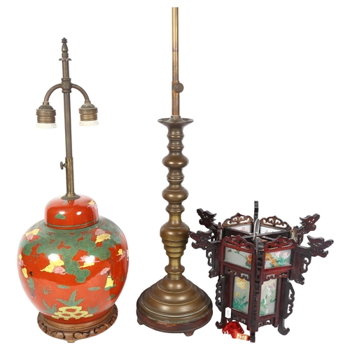 1009 - A cloisonne orange ground table lamp, height 60cm overall, a brass lamp base, and an Oriental hexago... 