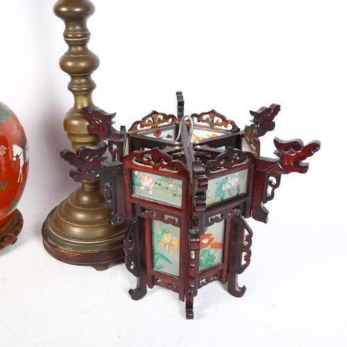 1009 - A cloisonne orange ground table lamp, height 60cm overall, a brass lamp base, and an Oriental hexago... 