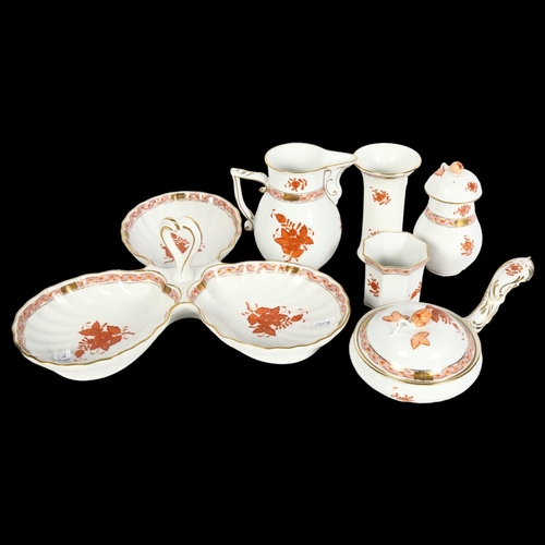 1015 - A group of Herend porcelain with orange Apponyi floral decoration, including jug, height 12.5cm, sug... 