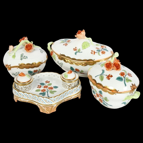 1017 - 3 Herend porcelain boxes and covers with floral knots, largest 17.5cm across, and matching desk stan... 