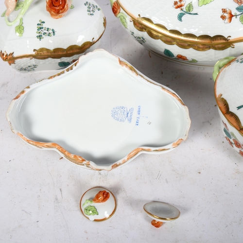 1017 - 3 Herend porcelain boxes and covers with floral knots, largest 17.5cm across, and matching desk stan... 