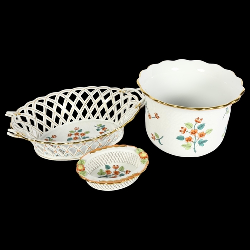 1018 - Herend porcelain basket, and jardiniere, both A/F, and matching latticework dish, 13.5cm long