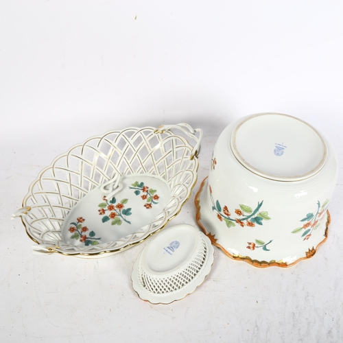 1018 - Herend porcelain basket, and jardiniere, both A/F, and matching latticework dish, 13.5cm long