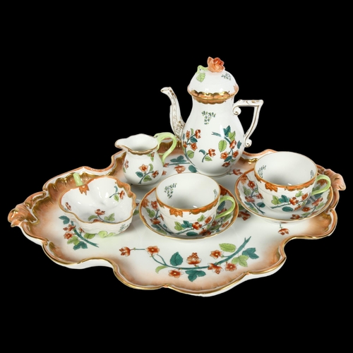 1019 - Herend porcelain cabaret set on tray, with floral decoration, pot height 15cm, knop A/F