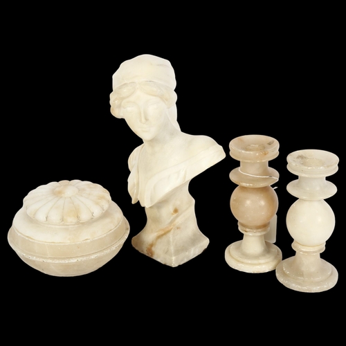 1021 - Alabaster bust of a lady, 22.5cm, alabaster box and cover, and pair of candlesticks