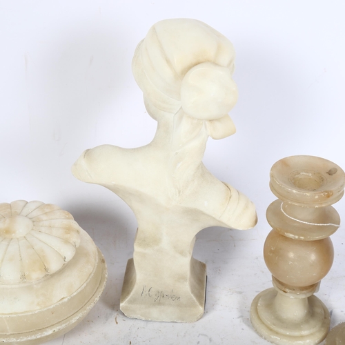 1021 - Alabaster bust of a lady, 22.5cm, alabaster box and cover, and pair of candlesticks