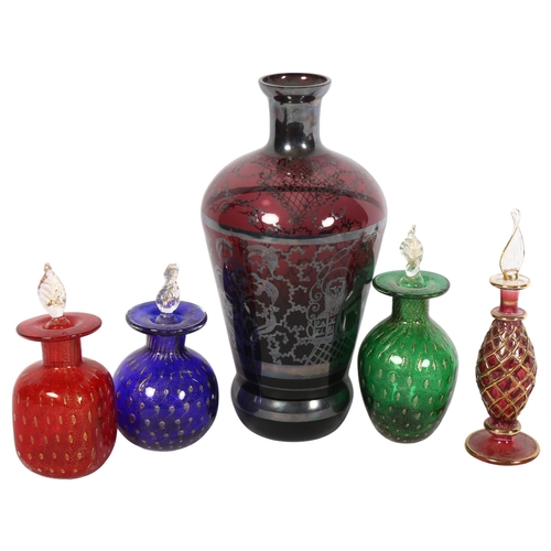 1030 - A Venetian silver overlay carafe, 18.5cm, 3 Murano scent bottles and stoppers, and another