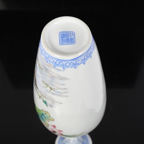 1032 - A delicate porcelain baluster vase, with painted design of birds and flowers, 25cm, with 6 character... 