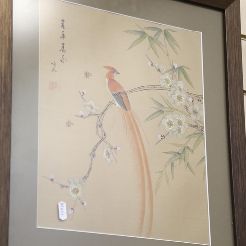 1058 - A Chinese coloured print, bird and flower study, 50cm x 45cm overall, framed