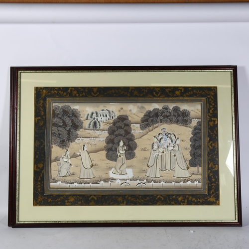 1065 - 2 large framed Indian paintings on fabric, figures by a lake, and figures in a park, both framed, 66... 