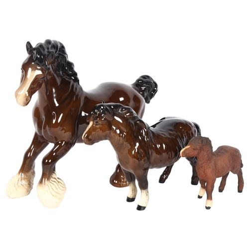 974 - 3 Bay horses, including Royal Doulton cantering Shire, and Shetland