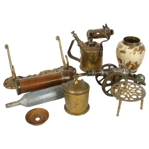 986 - Brass table cannon, blow torch, hooks etc