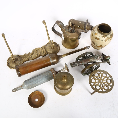 986 - Brass table cannon, blow torch, hooks etc