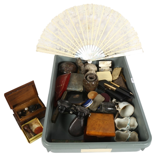 994 - Fan, pens, box, earrings, cased Antique scissors, opera glasses and other interesting items