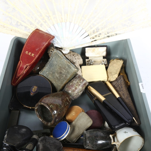 994 - Fan, pens, box, earrings, cased Antique scissors, opera glasses and other interesting items