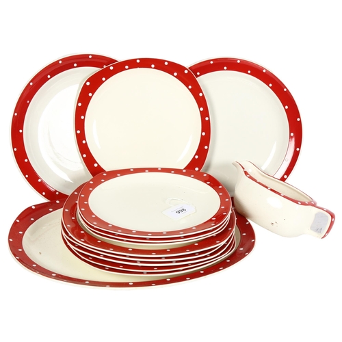 998 - Midwinter Casino pattern dinnerware, with red and white polka dot borders, including sauce boat and ... 