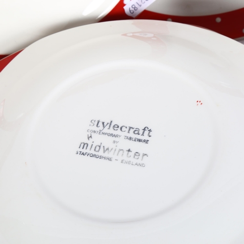 998 - Midwinter Casino pattern dinnerware, with red and white polka dot borders, including sauce boat and ... 