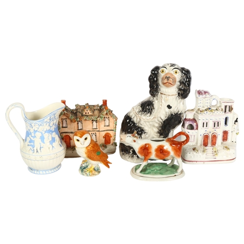 999 - Victorian Staffordshire cow creamer, Beswick Barn owl, 2026, Wedgwood jug, Staffordshire mantel Span... 