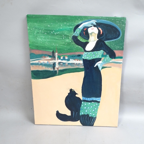 2863 - Clive Fredriksson, a 1930s style lady with a cat, 69cm x 55cm overall, unframed