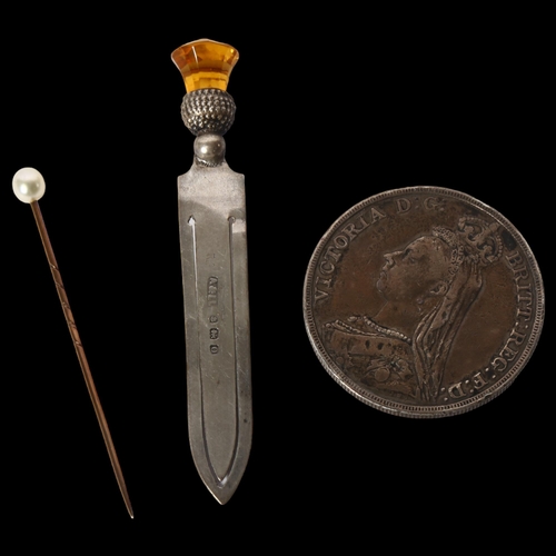 1230 - An unmarked gold stickpin, surmounted by a pearl, a silver thistle design bookmark, and a Victorian ... 