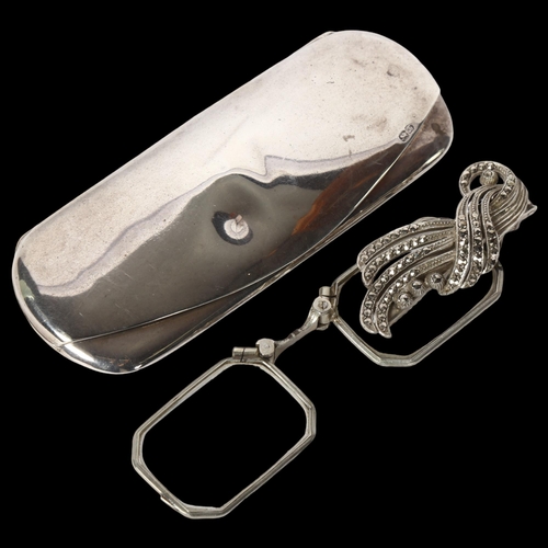 1234 - A George V silver spectacle case, length 11cm, 1.9oz gross, together with a pair of marcasite decora... 