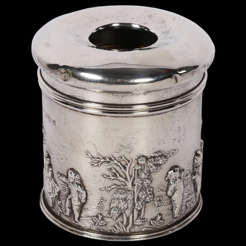 1240 - An Edward VII silver hair tidy box and cover, with embossed landscape scene, hallmarks for Birmingha... 