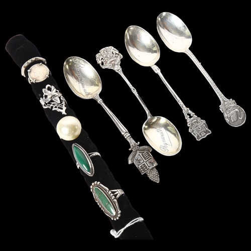 1224 - A group of 6 silver dress rings, 3 stone set, and 4 silver collector's spoons