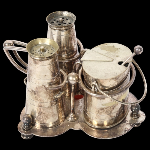 1227 - An Art Deco novelty silver plate cruet set, by Christopher Johnson & Co of Sheffield, with milk chur... 