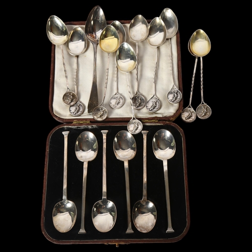 1229 - A cased set of 6 Edward VII silver teaspoons, a set of 10 silver teaspoons with bowling motif finial... 