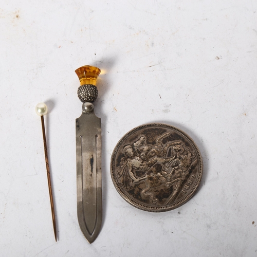 1230 - An unmarked gold stickpin, surmounted by a pearl, a silver thistle design bookmark, and a Victorian ... 