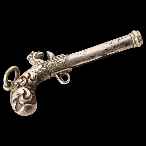 1238 - SAMPSON MORDAN & COMPANY - an unusual silver flintlock pistol design propelling pencil, length 45mm