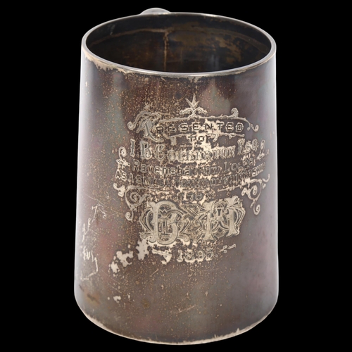 1248 - A Victorian silver tankard, with presentation inscription to I B Copperton Esq Ravensbarrow Lodge da... 