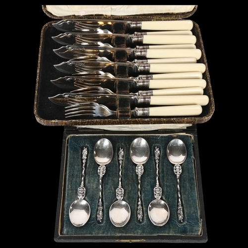 1102 - Cased set of 6 teaspoons with Apostle ends, and a cased fish service for 12 people