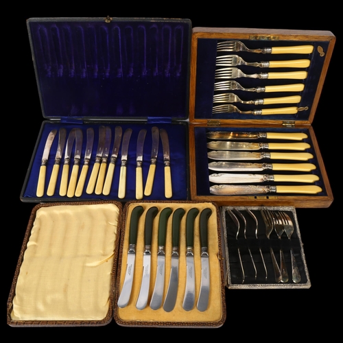 1103 - 4 various cased sets of cutlery, including a set of 12 ivorine-handled butter knives, fish cutlery f... 