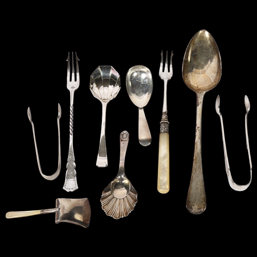 1113 - A group of various spoons, including 3 caddy spoons, 2 sugar tongs, and a tablespoon, 5.9oz, mother-... 