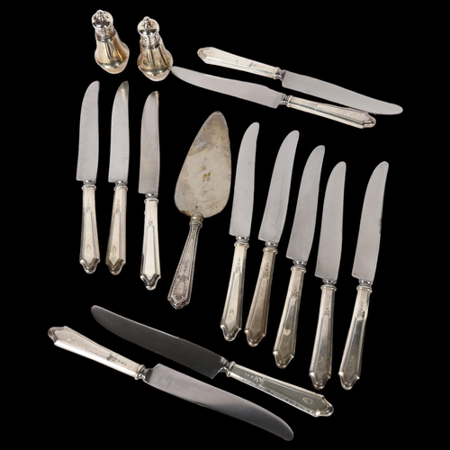 1115 - A set of 12 sterling silver-handled dinner knives, a sterling silver-handled cake slice, and a pair ... 