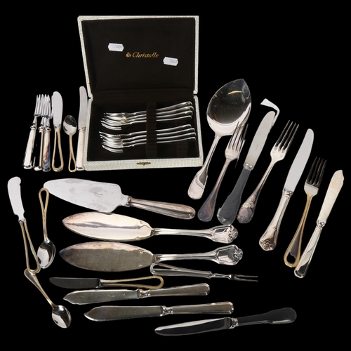 1120 - CHRISTOFLE - a set of 8 bead-edge silver plated cake forks, and a collection of various Christofle p... 