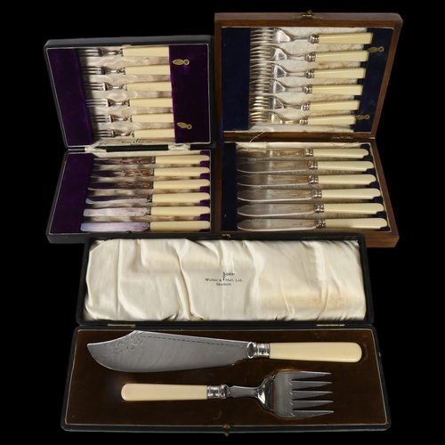 1124 - A cased set of fish cutlery for 6 people, a cased set of silver plated dessert cutlery for 6 people,... 