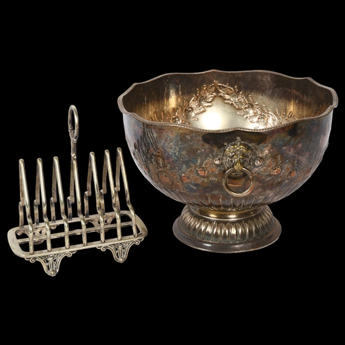 1126 - A silver plated 3-piece tea set, a silver plate on copper punch bowl, and a silver plated Foriegras ... 