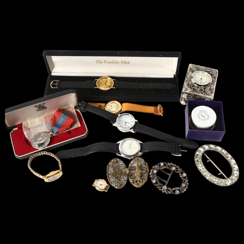 1134 - A gilt-metal filigree buckle, 2 other buckles, modern wristwatches, Elizabeth II Faithful Service me... 