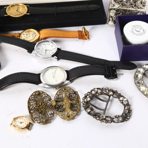 1134 - A gilt-metal filigree buckle, 2 other buckles, modern wristwatches, Elizabeth II Faithful Service me... 