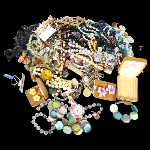 1136 - A boxed of mixed costume jewellery, stone necklace, wristwatches etc