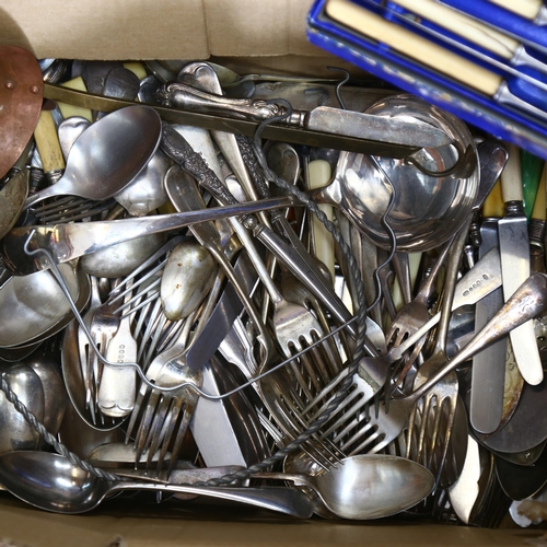 1143 - A large quantity of mixed plated cutlery, an oval tureen and cover (boxful)